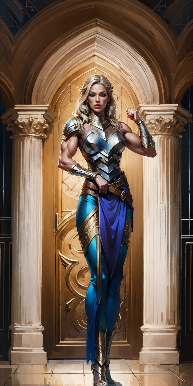 Subject: Valkyrie Lady Knight
Style: Hyper realistic, epic fantasy digital art
Detail: 8k high definition resolution, detailed drawing, superior quality
Anatomy: Correct anatomy, muscular body
Pose: Full body standing, symmetrical, muscular arms turned behind body
Origin: Asgard
Additional: 1 girl