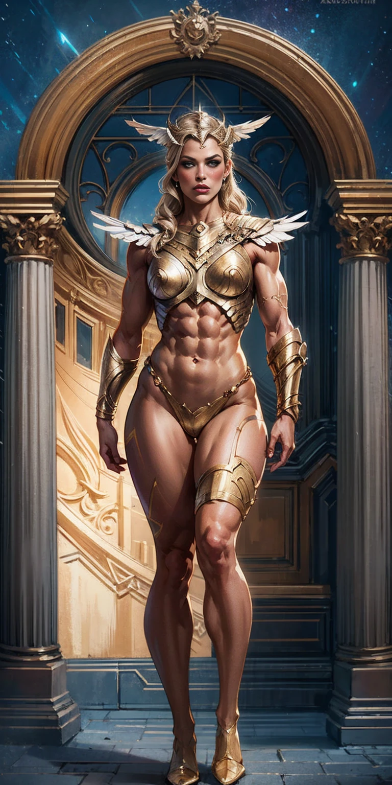 Subject: Valkyrie Lady Knight
Style: Hyper realistic, epic fantasy digital art
Detail: 8k high definition resolution, detailed drawing, superior quality
Anatomy: Correct anatomy, muscular body
Pose: Full body standing, symmetrical, muscular arms turned behind body
Origin: Asgard
Additional: 1 girl