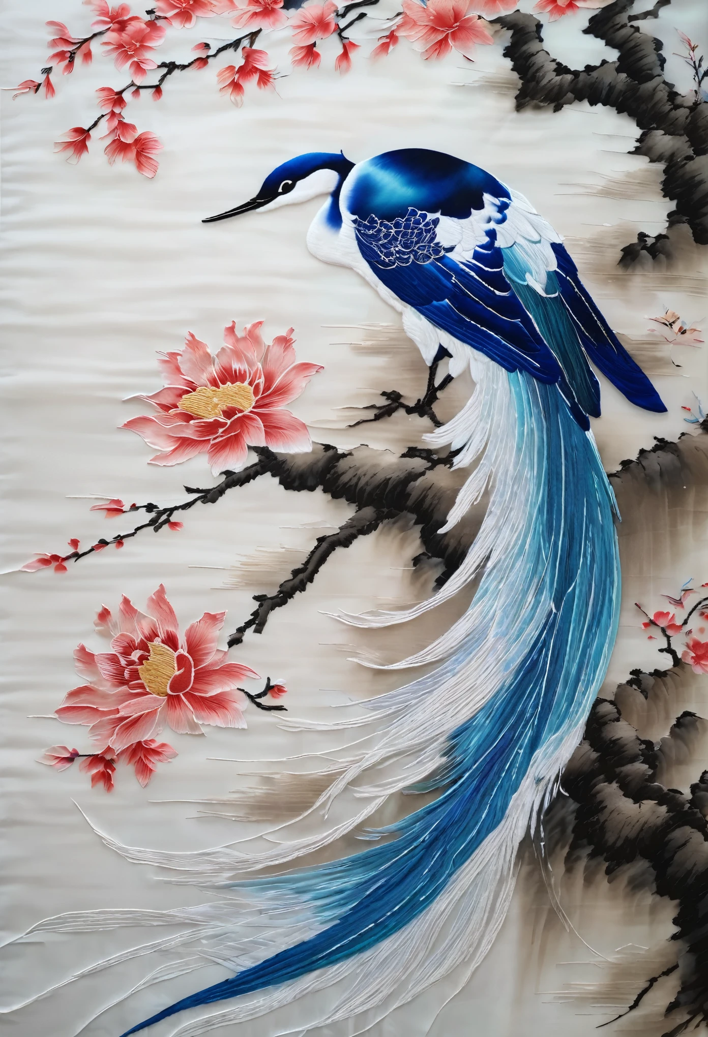 Embroidery works,embroidery,tapestry of rank, (Translucent blue ETA embroidery hanging on the wall), silky silk thread, line sleek, ,Agile white tail and fins, Lots of white space (Background with: white chinese silk), Silk Suzhou Embroidery, Ink painting and watercolor,, Realistic embroidery details, hyper HD, super detailing, 16k,