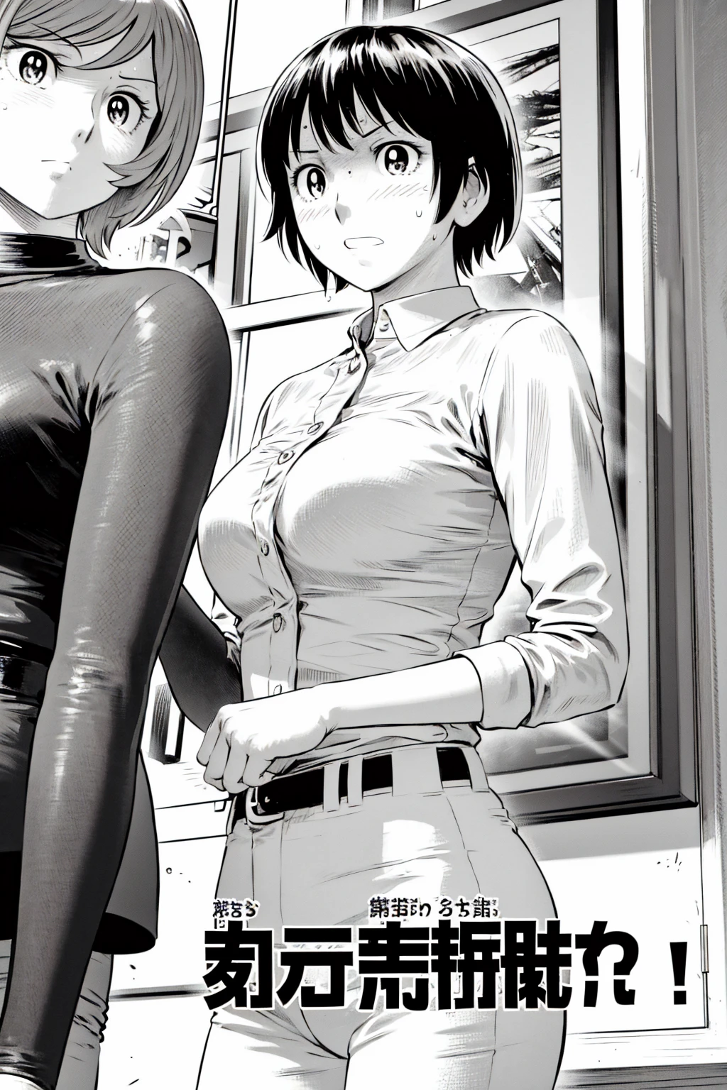 、(masterpiece、Highest quality)、Highest quality, Ultra-high resolution, (((masterpiece))), alone, Sweat、Big eyes,Tight black shirt、Tight white pants、belt、indoor、Composition from the front、(Cut the back hair short、short hair、blonde、woman)、Shortcuts、Embarrassed face、Cut your hair short、可愛いwomanの子、Big Breasts、Inside the room、Full Color、Baseball uniform