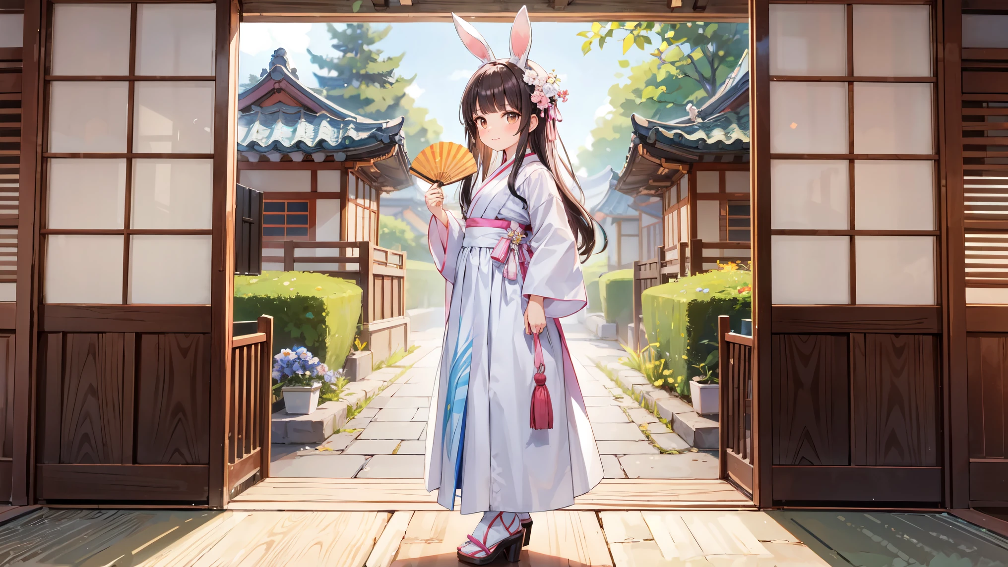 "A beautiful Korean bunny girl, wearing a hanbok-inspired bunny outfit. She has long black hair styled in a sleek, straight fashion, with bangs, soft brown eyes, and a charming smile. The outfit includes a hanbok-style corset with vibrant colors like pink and blue, a traditional ribbon, matching high heels, and a pair of fluffy white bunny ears adorned with small traditional Korean ornaments. She is holding a delicate Korean fan. She is standing in a traditional Korean hanok house with wooden architecture, sliding doors, and a beautiful garden with blossoming flowers in the background. The atmosphere is harmonious and culturally rich, capturing the essence of Korean heritage."