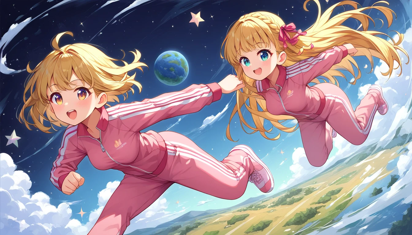 ((2girls:1.3)), ((tracksuit:1.3)), ((running:1.3)), ((outer space:1.3)), (((moe style:1.3)), ((perfect face)), ((extremely cute:1.3)), ((masterpiece:1.3)), ((8k)), ((best quality:1.3)), ((beautiful)), ((extremely detailed:1.3)) , ((absurdres)), AddXL, ((score_9:1.3)), ((score_8_up:1.3)), ((score_7_up:1.3)), Expressiveh