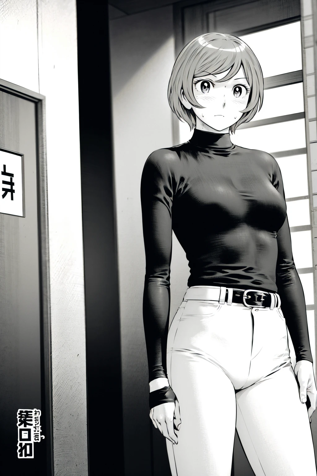 、(masterpiece、Highest quality)、Highest quality, Ultra-high resolution, (((masterpiece))), alone, Sweat、Big eyes,Tight black shirt、Tight white pants、belt、indoor、Composition from the front、(Cut the back hair short、short hair、blonde、woman)、Shortcuts、Embarrassed face、Cut your hair short、可愛いwomanの子、Big Breasts、office
