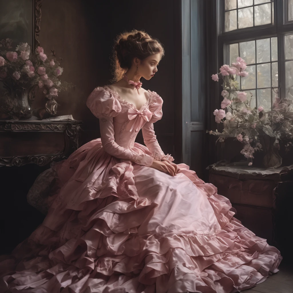 Highest quality, masterpiece, best definition, artwork, super detailed, many detailed, detailed, detailed, woman, 20 years, whole body, whole body, Night dress, super detailed dress, Long dress, dress with many Frills, dress with many ribbons, pink bows, Victorian dress, detailed Victorian dress, Victorian dress with bows, pink, Frills, Perfect Skin, whole body,