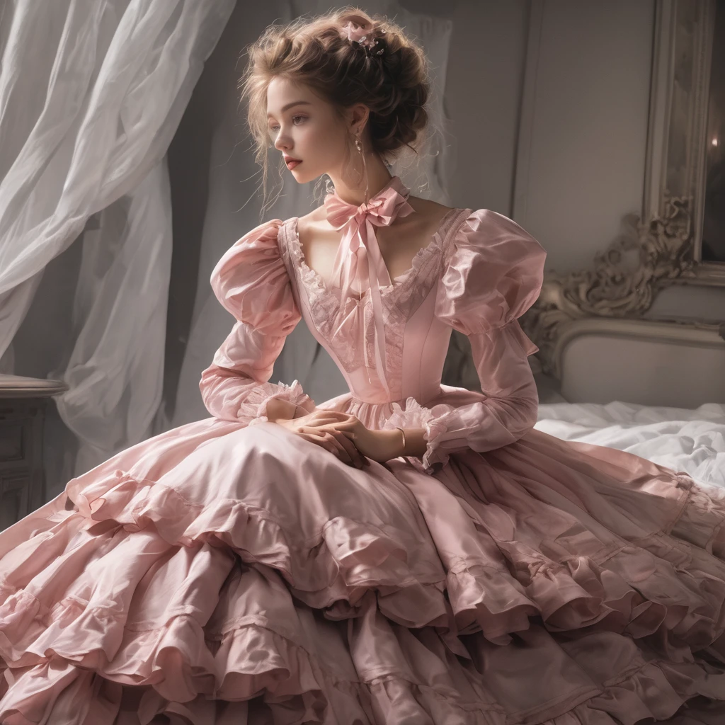 Highest quality, masterpiece, best definition, artwork, super detailed, many detailed, detailed, detailed, woman, 20 years, whole body, whole body, Night dress, super detailed dress, Long dress, dress with many Frills, dress with many ribbons, pink bows, Victorian dress, detailed Victorian dress, Victorian dress with bows, pink, Frills, Perfect Skin, whole body,