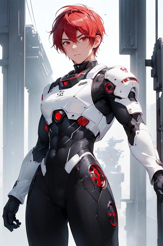 (((masterpiece; best quality: 1.2))), (finely detailed eyes: 1.3), (25 year old man), (solo), (red eyes: 1.4), (body; toned, fit, masculine: 1.3), (short white hair: 1.3), (beautiful and clear background: 1.2), ((depth of field)), (equipment: black-and-white mechpilot bodysuit + black gloves: 1.3), (anime illustration: 1.2), (background composition; hangar: 1.1), (extremely fine and handsome: 1.1), (shot composition; standing + centered on torso + close-up: 1.5), (expression; calm, stoic: 1.2)