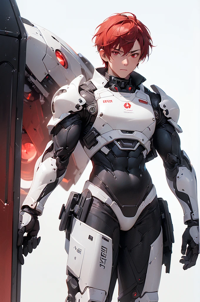 (((masterpiece; best quality: 1.2))), (finely detailed eyes: 1.3), (25 year old man), (solo), (red eyes: 1.4), (body; toned, fit, masculine: 1.3), (short white hair: 1.3), (beautiful and clear background: 1.2), ((depth of field)), (equipment: black-and-white mechpilot bodysuit + black gloves: 1.3), (anime illustration: 1.2), (background composition; hangar: 1.1), (extremely fine and handsome: 1.1), (shot composition; standing + centered on torso + close-up: 1.5), (expression; calm, stoic: 1.2)