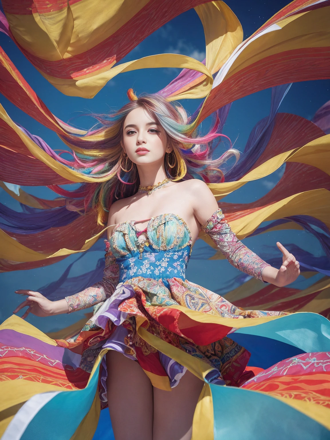 A whimsical dance unfolds against a crisp white backdrop, as a multicolored harlequin woman's upper body twirls in vibrant splendor. Her dress, a tapestry of swirling patterns, playful textures, and wispy cloud-like fabrics, radiates with kaleidoscopic colors. Stylized anatomy and fantastical details adorn her face, hair, and clothing, as soft, dreamy lighting casts subtle shading, adding depth to the composition.