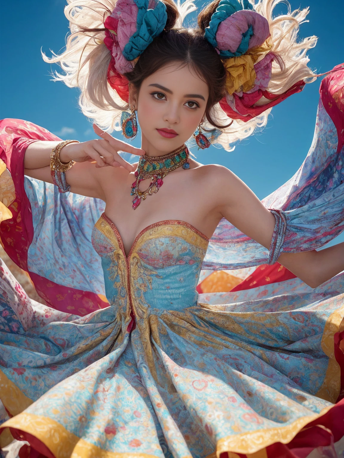 A whimsical dance unfolds against a crisp white backdrop, as a multicolored harlequin woman's upper body twirls in vibrant splendor. Her dress, a tapestry of swirling patterns, playful textures, and wispy cloud-like fabrics, radiates with kaleidoscopic colors. Stylized anatomy and fantastical details adorn her face, hair, and clothing, as soft, dreamy lighting casts subtle shading, adding depth to the composition.