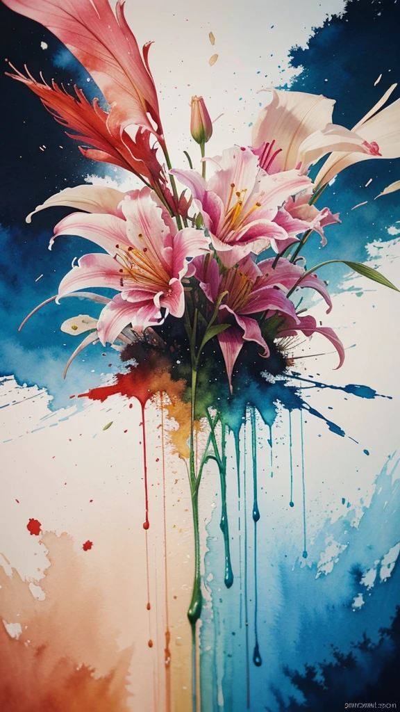 A beautiful watercolor painting of lilies, blown by the wind, with intricate details and a masterful use of the medium. Vibrant colors, paint splatters, and a dripping effect create a dynamic and organic composition. The artwork has a strong digital art aesthetic and is a stunning example of the artist's skill, trending on Artstation.