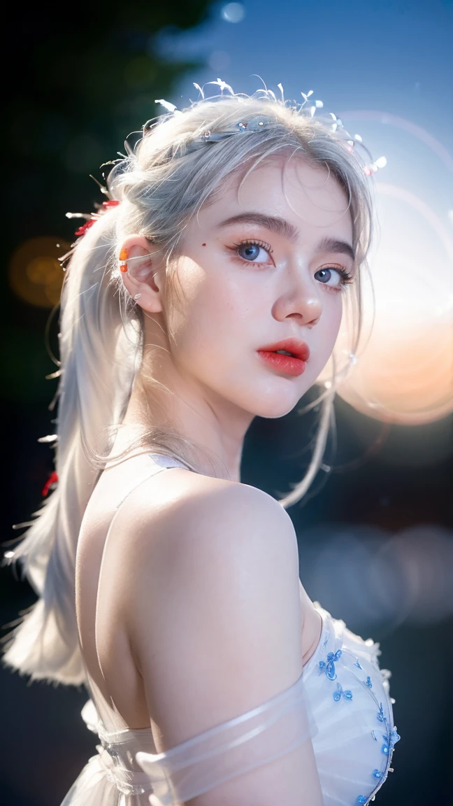 Georgeous, Beautiful, Cute, Baby Face, 18 Years Old, White Skin, red lipstick, sensual Lipstick, Sensational Make up, Cleavage, ((Large Colossal Breast:1.3)), Sleeveless, Off Shoulder, Strapless, ((Transparent:1.3)), ((White Long Lolita Dress)), (Embroidery), Posing, ((Silver Hair)), ((Bright Blue Eye)), ((Muscles:1.2)), ((Bokeh:1.3)), Animal Farmer Background, Masterpiece, Twintails