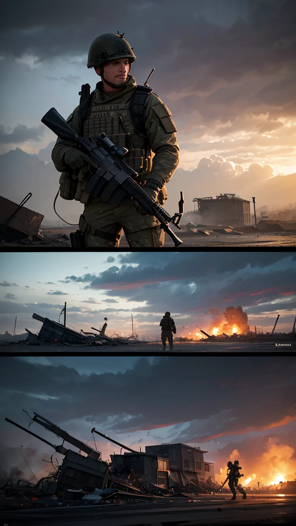 American comics, The comic story is presented in several irregular panels with color. Soldier Arafad in the GORKA-4 costume, in GP-7VM protvogas, body armor with unloading, holding an AKS-74U assault rifle in his hands, In front of the building, Warzone Background, In Dayz, In Tarkov, background image, edited, in game graphic, Gloomy apocalyptic style, Realistic apocalyptic war scene, war in background, official artwork hdr, battlefield background, Realistic apocalyptic war scene, fps game concept art, Apocalyptic art, Апокалиптический 8k, Апокалиптический 8k., game cover art, Detailed graphics of the game, post-apocalyptic, STALKER series of games. The style is exaggerated and detailed