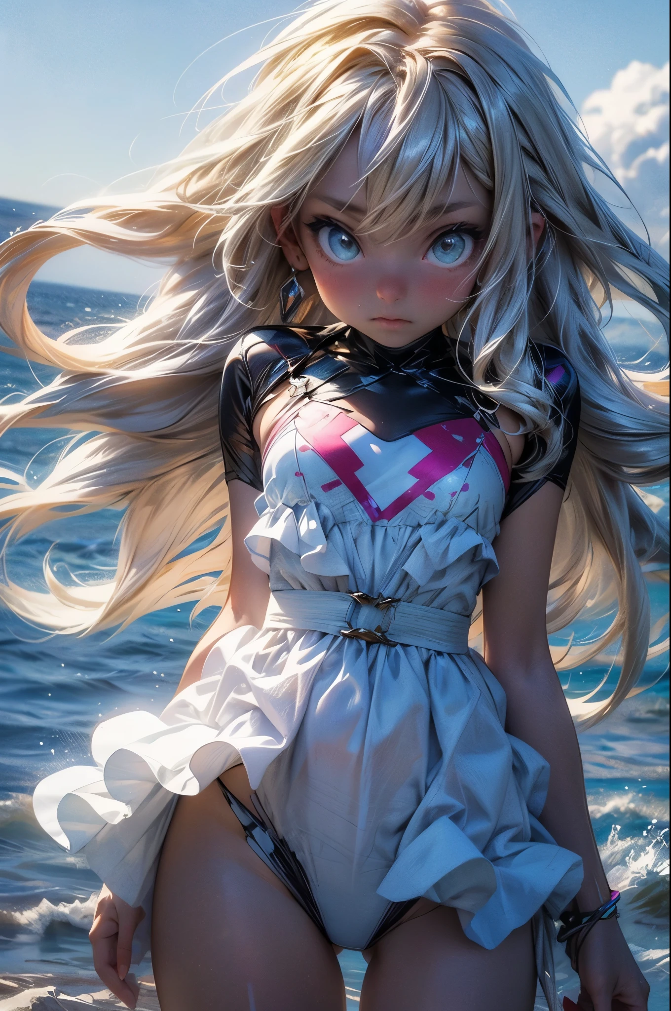 masterpiece, best quality, extremely detailed CG unity 8k wallpaper, Woman in swimsuit, Floating on your back in the ocean, Dazzling sunlight, Lens flare, Octane Rendering Style, Overall particle light, Crystal clear water, Realistic representation of water,