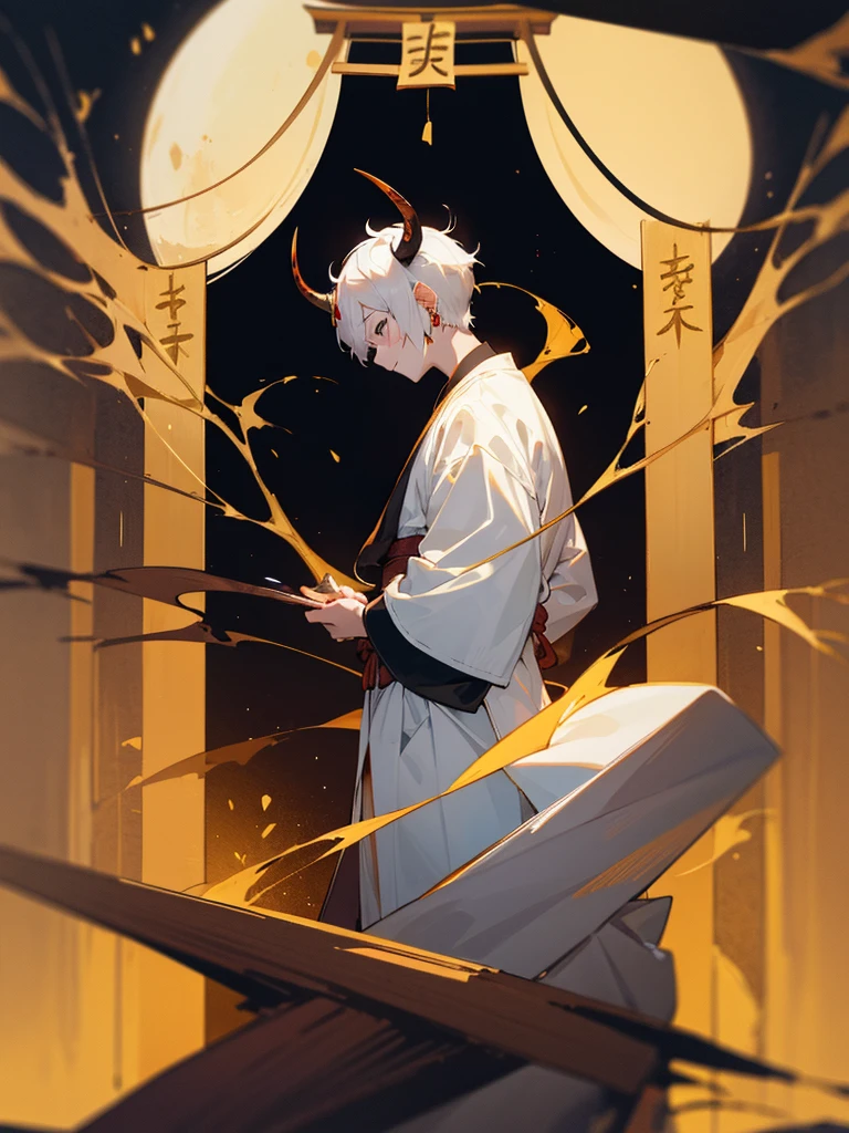 Buddha, black eyes, golden horns, white short hair, black clothes, torii gate, man, full moon, tusks