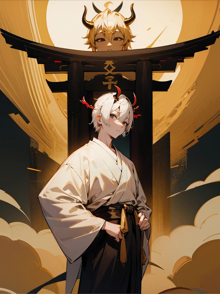 Buddha, black eyes, golden horns, white short hair, black clothes, torii gate, man, full moon, tusks