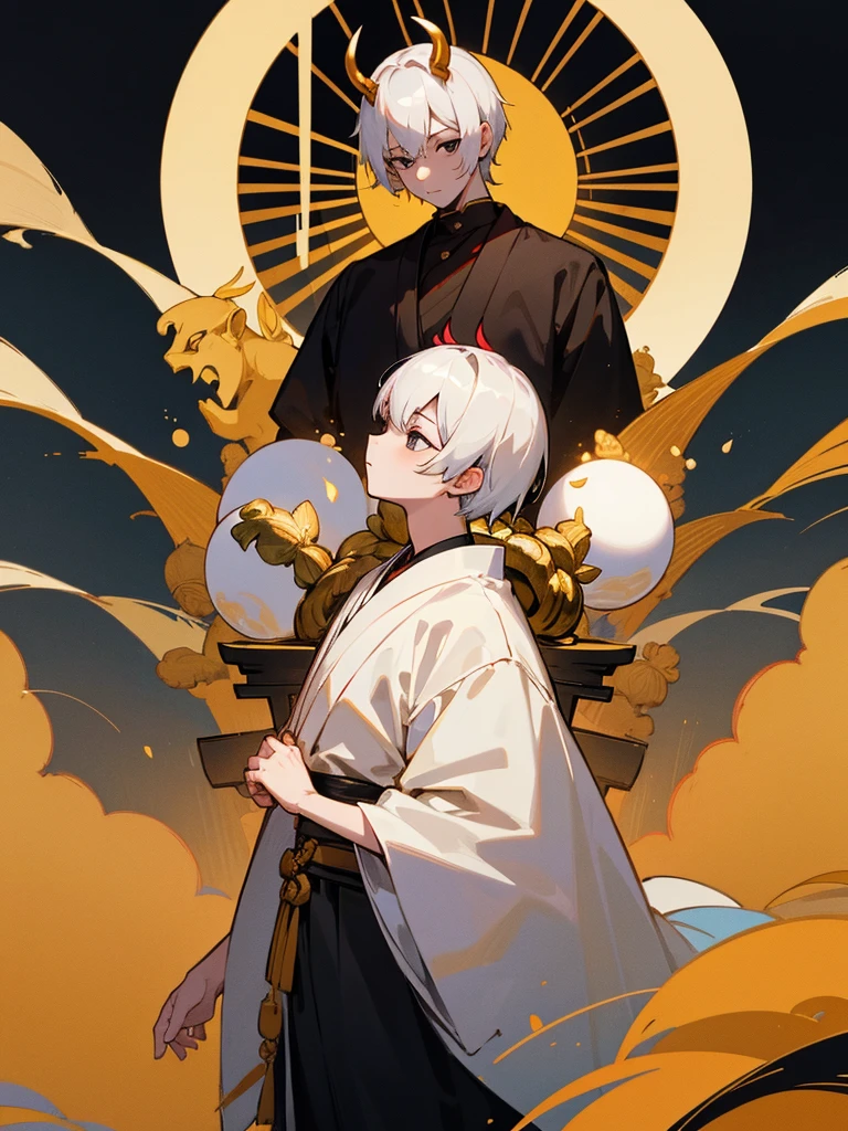 Buddha, black eyes, golden horns, white short hair, black clothes, torii gate, man, full moon, tusks
