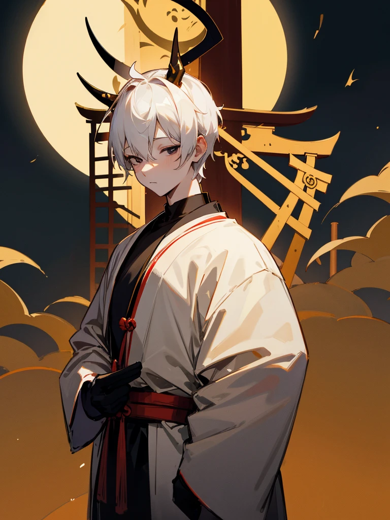 Buddha, black eyes, golden horns, white short hair, black clothes, torii gate, man, full moon, tusks
