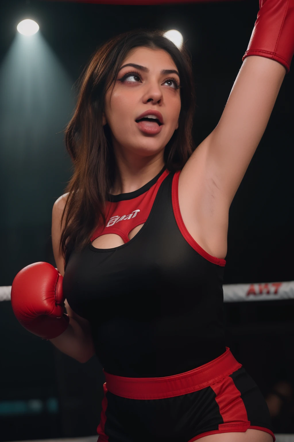 Looks like Kajal Aggarwal,slightly chubby,wearing black boxing gloves,black boxing gloves,boxing ring,sweaty,tired,exhausted,arms raised,both arms up,boxing gloves on both hands, intricate details, red outfit,(ArtStation:1.2),armpits,sweat,sweaty,sweaty armpits,arms up,showing armpits,awesome armpits,eyeroll,red outfit,red arm warmers,red arm bands,red arm warmers