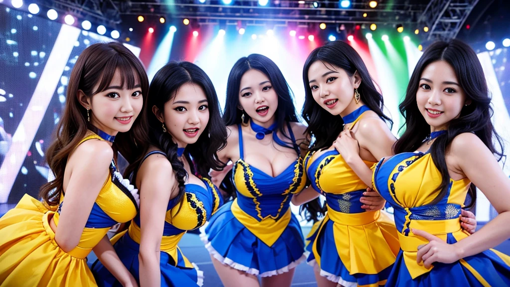 ((super high quality、High resolution、masterpiece、 Anatomically correct、Super detailed photos、Ultra-realistic photos、 Highest quality))、group photo、(3girs)、looking at viewer、Live Stage、Spotlight、Three girls holding each other close、(cowboy shot)、(Idol Costumes:1.2)、((from front))、(huge breast)、Small waist、Detailed face、Perfect figure、black hair、medium straight hair