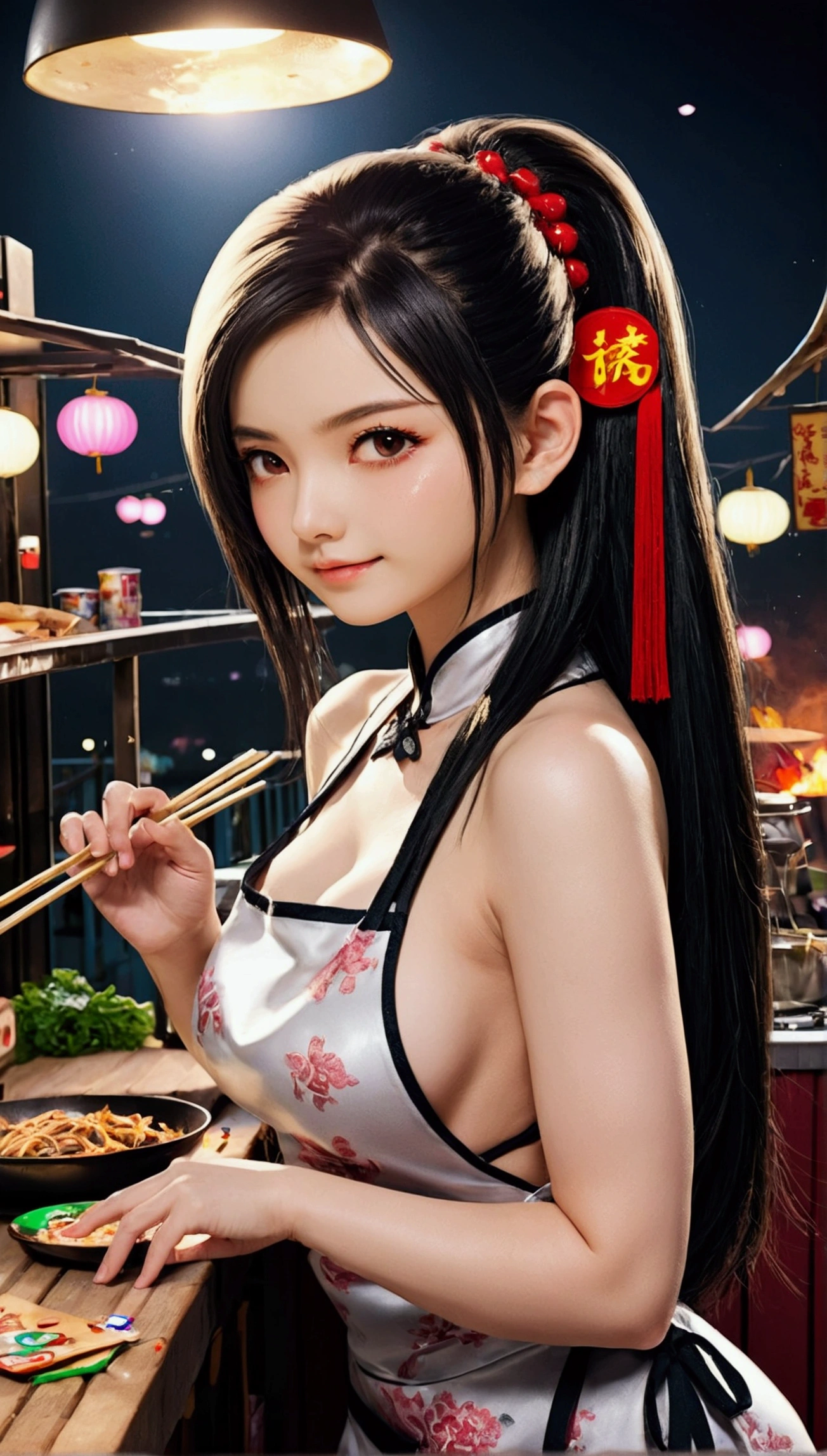 Highest quality, Super quality, 16K, Incredibly absurd, Very detailed, delicate and dynamic, SFW, Natural light, , Diffuse reflection of light, Vortex of Light, Dirty food stall, Chinese fast food, Old Chinese food stall, , , , Create amazing image effects, Kitchen, Taiwan, Taipei, (cute sexy girl, healthy shaped body, , big bouncing busts, sexy long legs, Chinese food stall chef, Sensual expression, fine, Active, smile, Stove, Chinese pan, stir fry, Busy, Sweaty, black long hair, Naked Apron,,,)