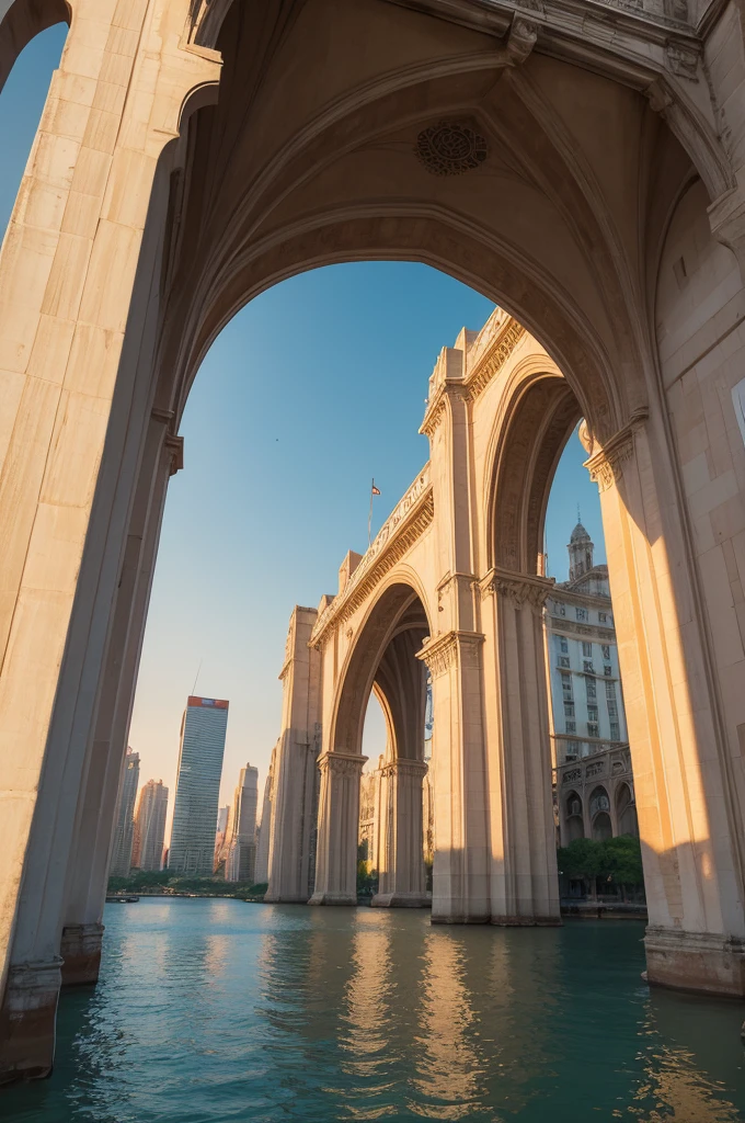 clearing, I'll create a description for you:

Imagine an imposing arch bridge, with tall, elegant pillars that rise majestically over a wide river. The metal structure shines in the sunlight, reflecting its glow on the calm waters below. The bridge connects two banks full of vibrant urban life: Modern skyscrapers, historic buildings with ornate facades, and a dynamic mix of colors and architectural styles. Ao longe, The sky is tinged with soft shades of orange and pink, indicating a peaceful evening.