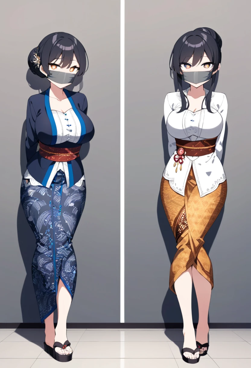 score_9, score_8_up, source_anime, 1girl, solo,This photo features a woman wearing traditional Indonesian attire with the following details:
Top: A modern blue kebaya with lace details and bead accents on the front. The kebaya has an open bottom cut and long sleeves.
Bottom: A long batik skirt with a complex traditional motif, predominantly black and white with gray and brown accents.
Shoes: Black open-heeled sandals.
Hair: Neatly styled in a bun with a few strands left loose at the front., (bound wirsts), (arms behind back), (tapegag, tape gag), dramatic,  (looking at viewer), (detailed pupils:1.3) ,red rope, thick rope,black hair, big breast , standing 