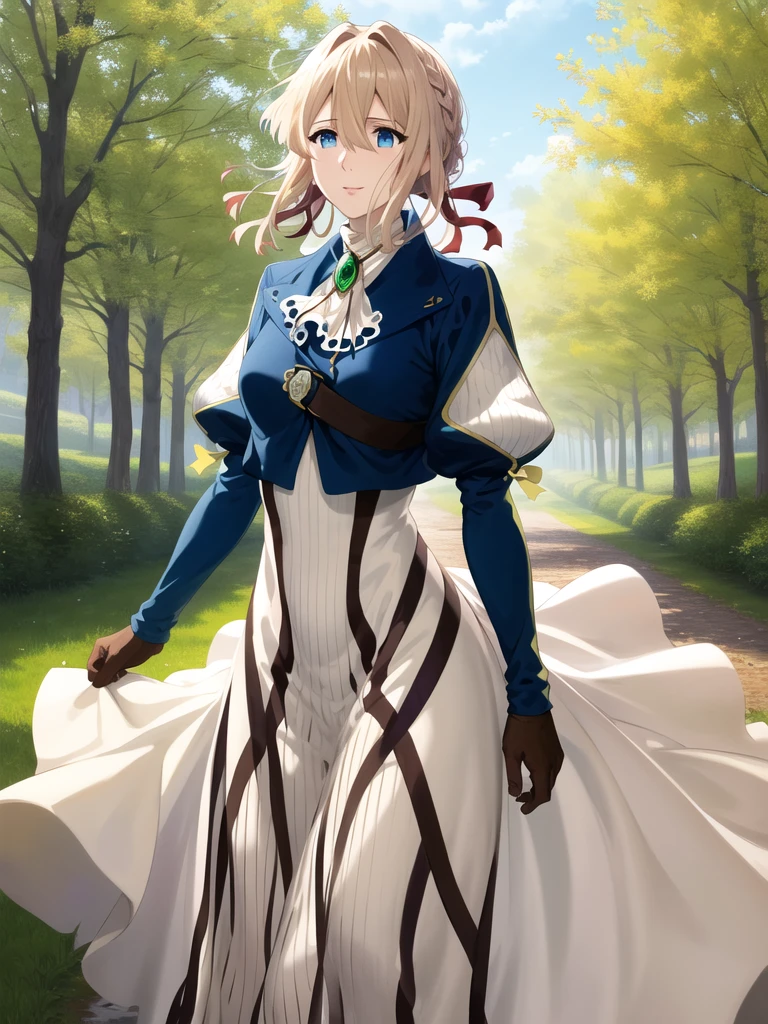 Pleased, masterpiece, Highest quality, High resolution, Violet Evergarden, Braiding, Hair Ribbon, Red ribbon, jewelry, White Ascot, brooch, Blue jacket, Long sleeve, Brown gloves, White Dress, Long dress, Are standing, Cowboy Shot, Outdoor