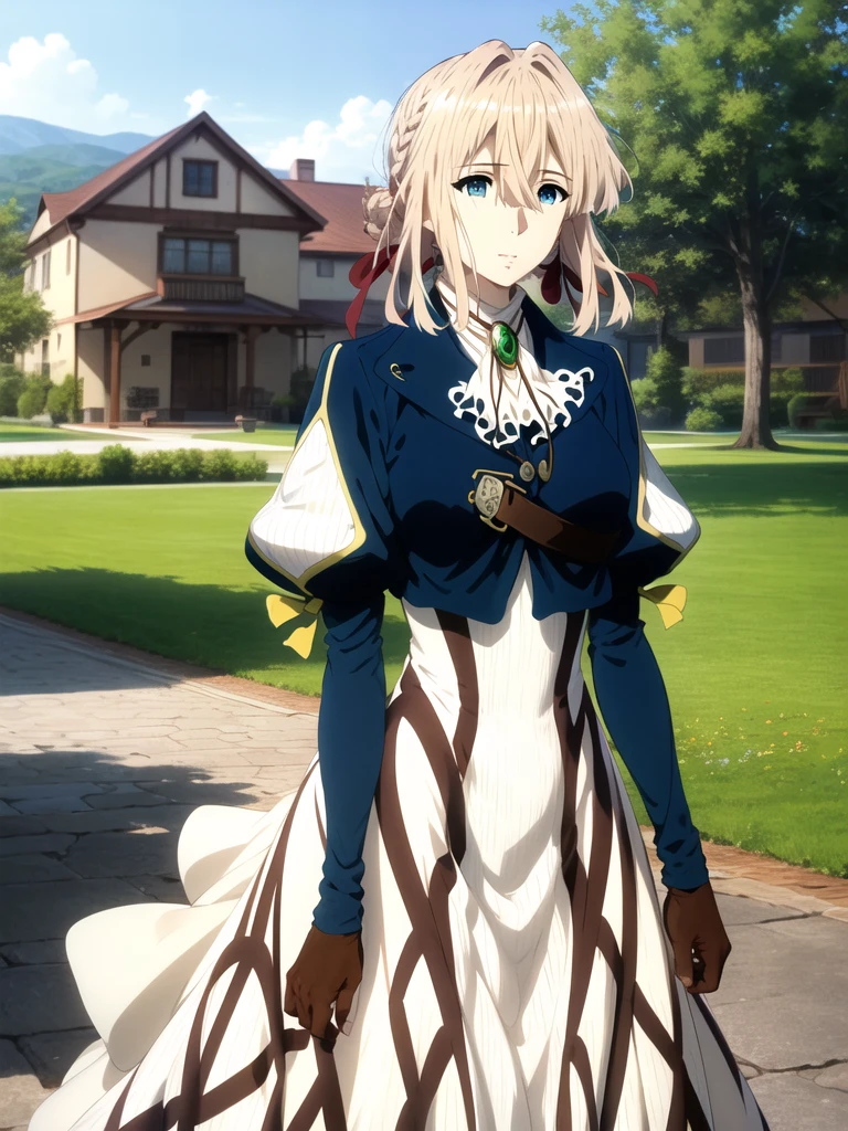 Pleased, masterpiece, Highest quality, High resolution, Violet Evergarden, Braiding, Hair Ribbon, Red ribbon, jewelry, White Ascot, brooch, Blue jacket, Long sleeve, Brown gloves, White Dress, Long dress, Are standing, Cowboy Shot, Outdoor