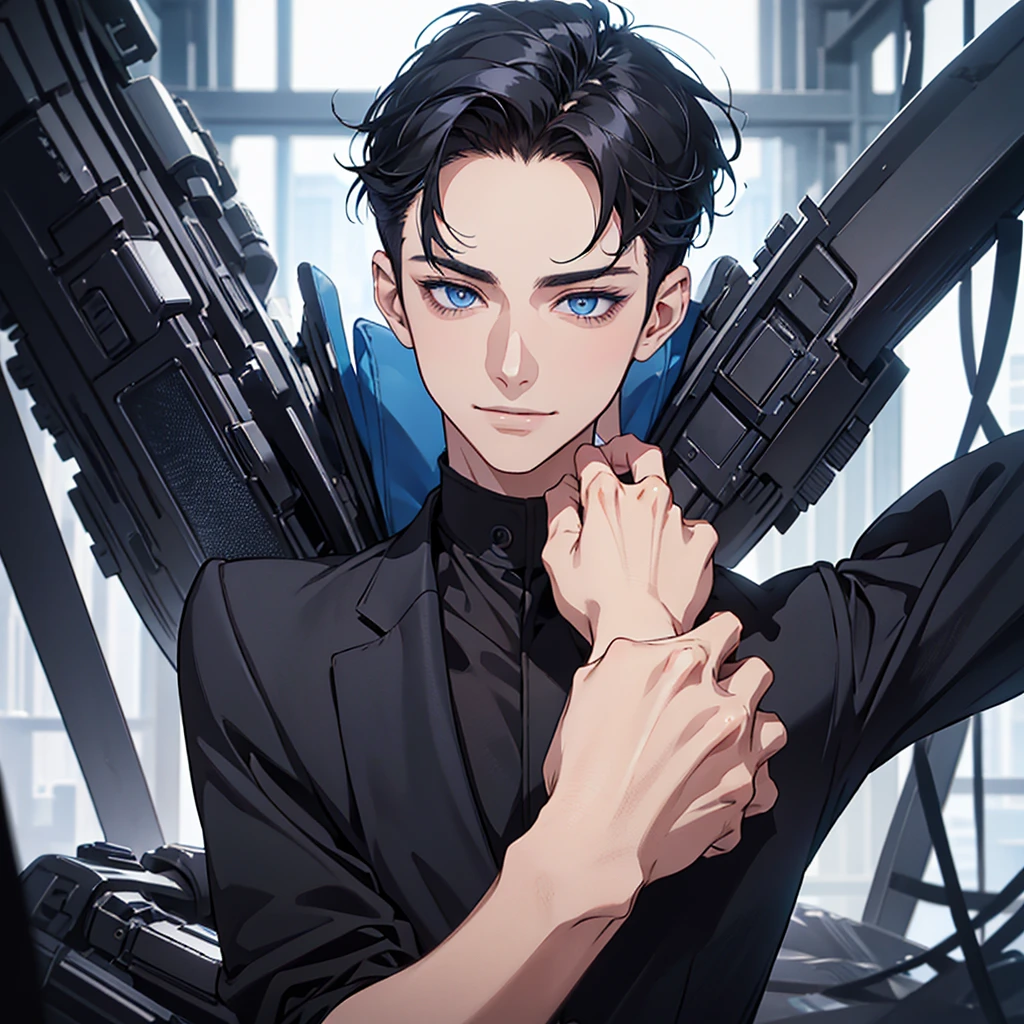 full body,from below,make it beautiful,Masterpiece,best quality,Very detailed,anime,2d,a handsome man, man,manที่เป็นผู้ใหญ่, A quiet and charming young man, 30 years old, smile, gag, Portrait, Highly detailed face, ((blue eyes)), ((black short hair)),manหล่อ ,Short hair Quiff Hairstyle,black short hair,blue eyes, alone,middle part hair,beautiful black hair,stare,smileแย้มแจ่มใส,stand,looking down,back light,blue eyesสวยงาม,no background,business suit, Black suit