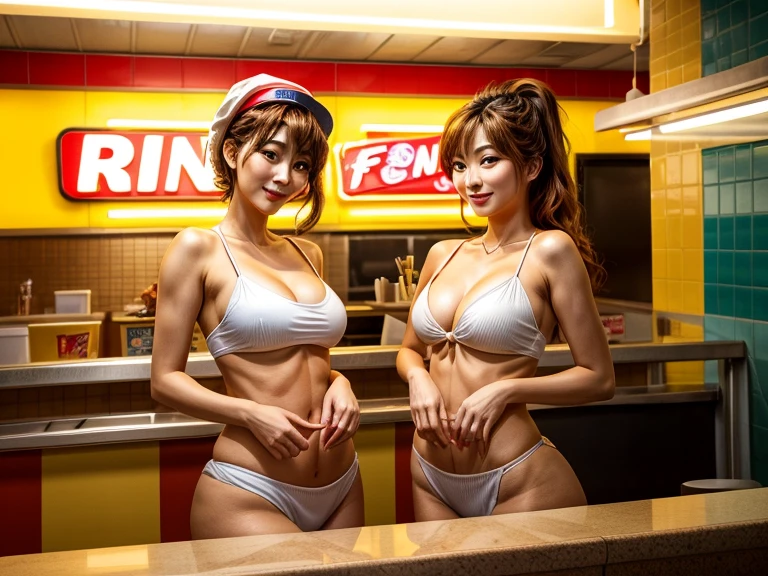 A photorealistic masterpiece of two stunning korean fast food workers, clad in colorful diner uniforms, standing behind a gleaming counter in a bustling eatery. Medium-sized breasts are subtly showcased beneath their attire as they expertly serve hungry patrons. Slender waists and small yet curvy hips add to the visual appeal. The 8K wallpaper-quality image captures every fine detail of their slender figures, illuminated by soft overhead lighting that accentuates the golden tones of their skin. The fast food restaurant's bright colors and bold signage provide a vibrant backdrop for these two lovely ladies.