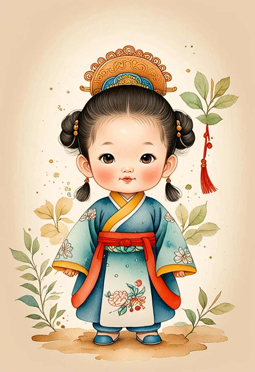 Hand-drawn watercolor illustration, From the Tang Dynasty in China, 3 , cute, cute, Simple, Pencil line drawing