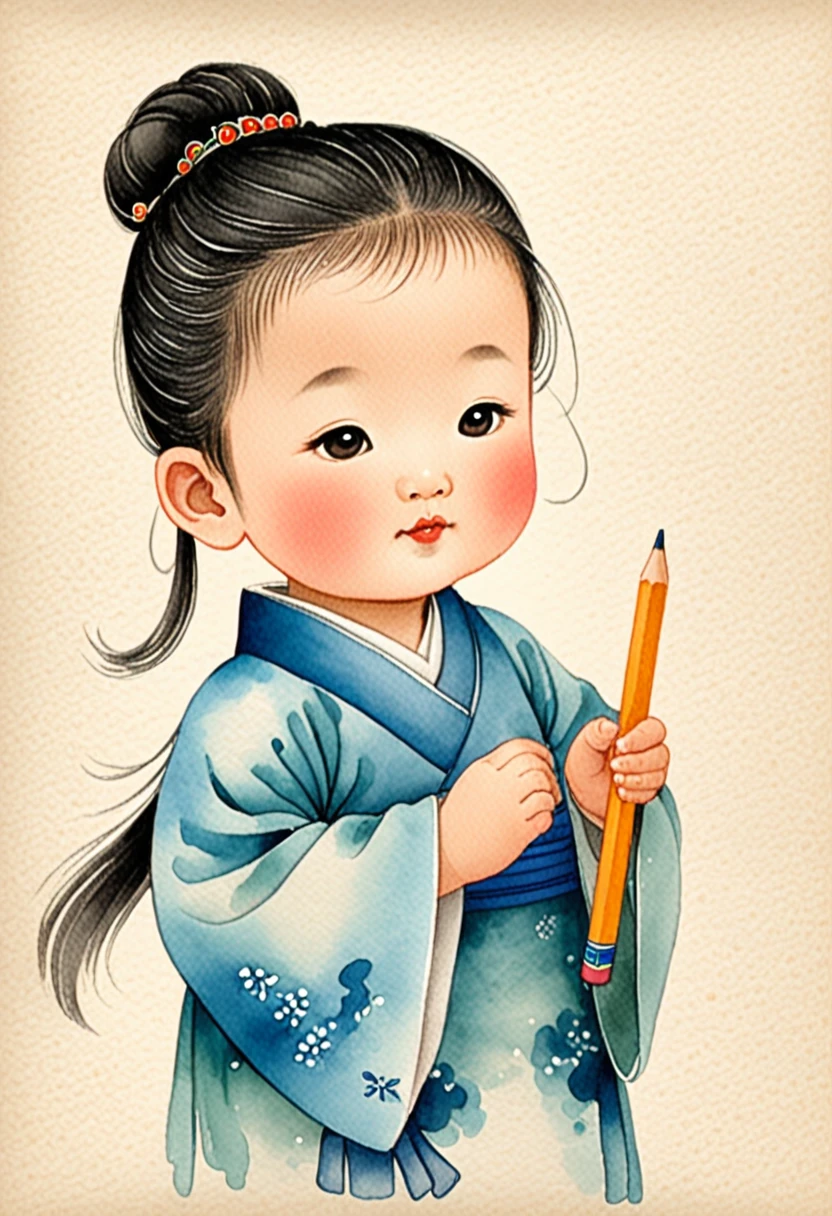 Hand-drawn watercolor illustration, From the Tang Dynasty in China, 3 years old, cute, cute, Simple, Pencil line drawing
