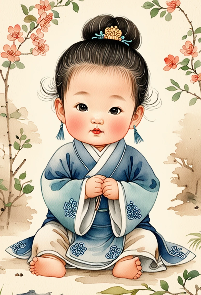 Hand-drawn watercolor illustration, From the Tang Dynasty in China, 3 , cute, cute, Simple, Pencil line drawing