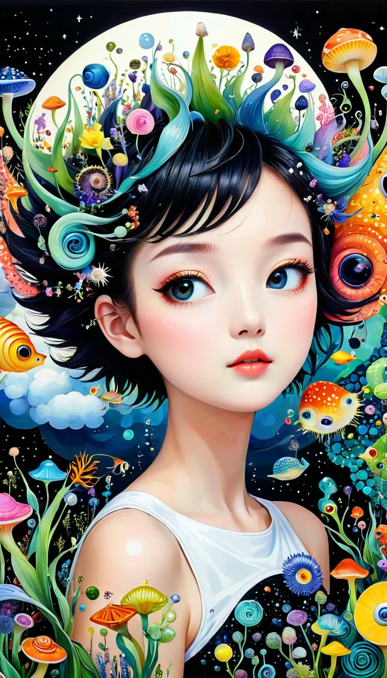 Three-dimensional painting。1snails房子，Artists from the stars，Colorful black，A world of color，Dopamine，mouth，A cloud、snails、iris、fish、Tentacles、bird、Eye、diatom，Abstract mosaic painting，Describing the inner world of autism，Sense of space，White Space，interesting，Innocence，Psychedelic Art，Black overall
