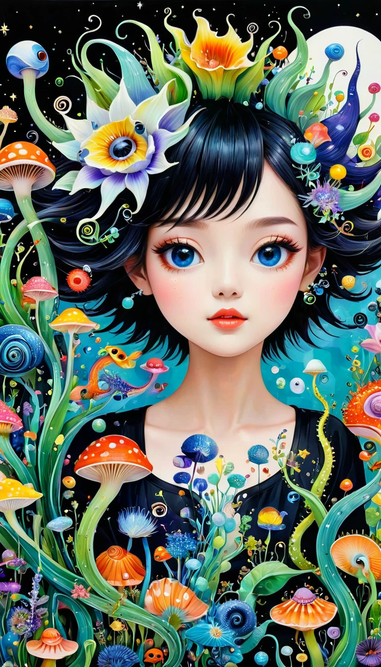 Three-dimensional painting。???头上的snails房子,Exaggerated plant glasses。Spiky hair,Artists from the stars,Colorful black,A world of color,Dopamine,mouth,A cloud、snails、iris、fish、Tentacles、bird、Eye、diatom,Abstract mosaic painting,Describing the inner world of autism,Sense of space,White Space,interesting,Innocence,Psychedelic Art,Black overall