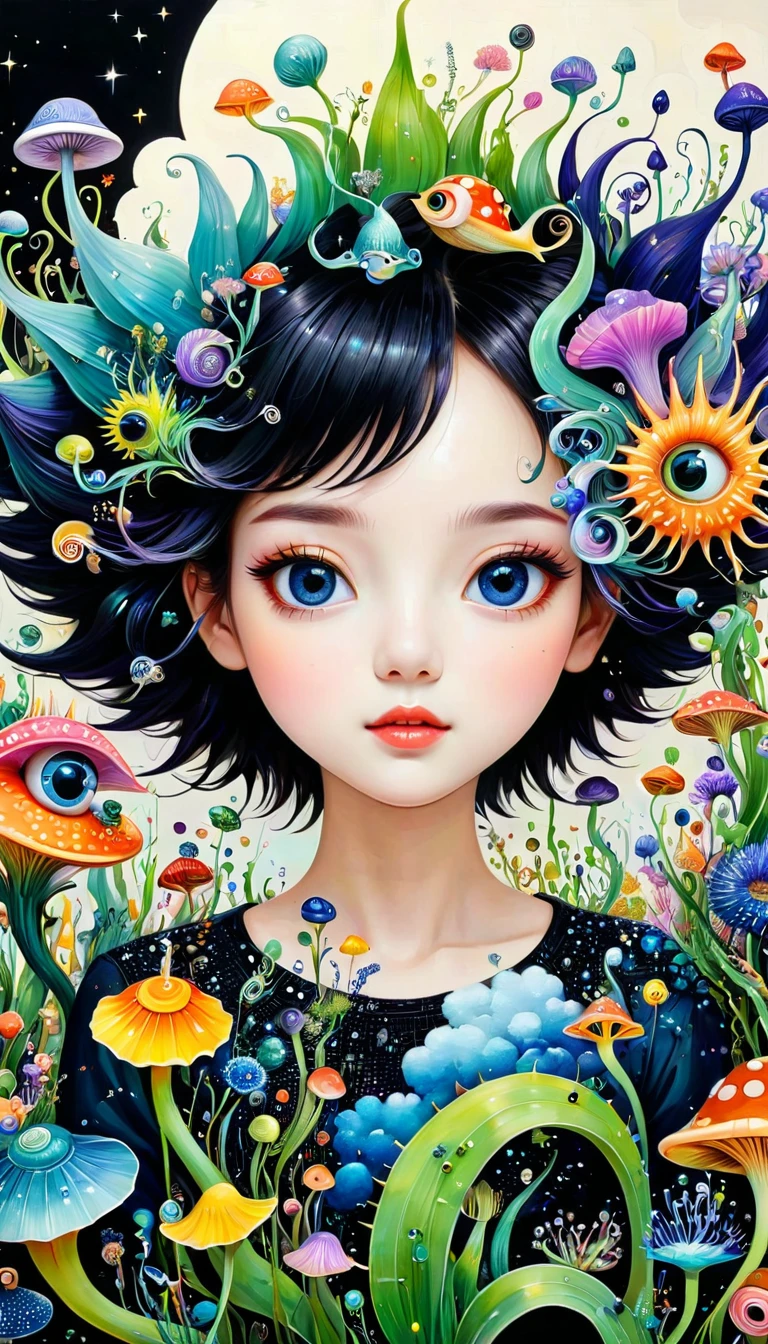 Three-dimensional painting。头上的snails房子,Exaggerated plant glasses。Spiky hair,Artists from the stars,Colorful black,A world of color,Dopamine,mouth,A cloud、snails、iris、fish、Tentacles、bird、Eye、diatom,Abstract mosaic painting,Describing the inner world of autism,Sense of space,White Space,interesting,Innocence,Psychedelic Art,Black overall