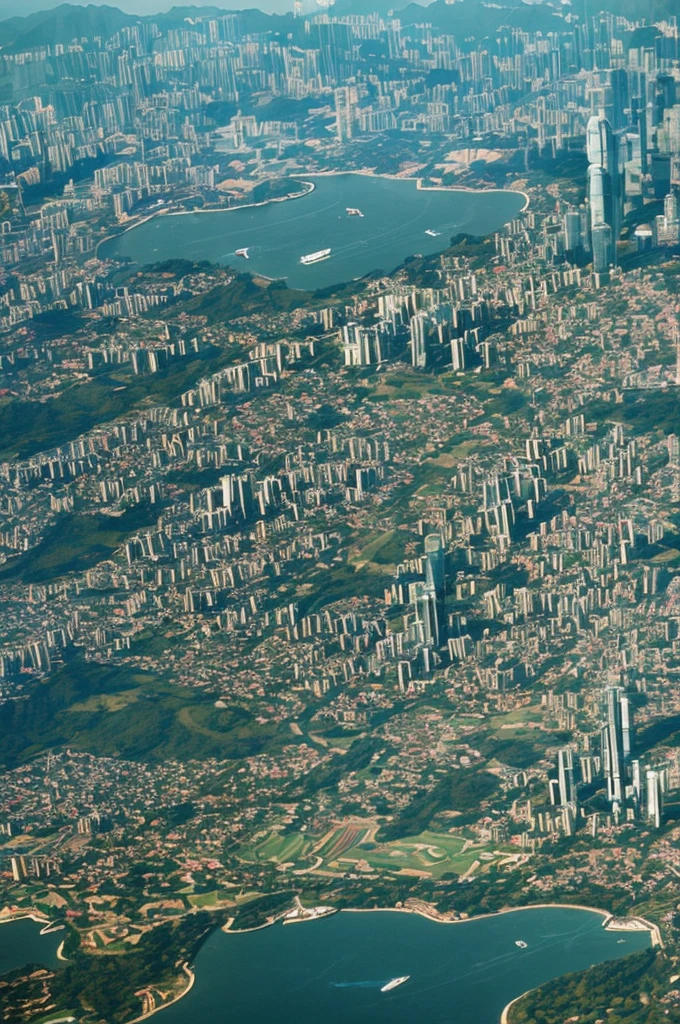 An aerial view of the cityscape of Hong Kong in the 1980s. 