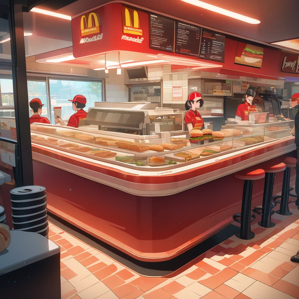 Masterpiece, ultra detailed, beautiful,Super Saturation, anime style,fast food worker, burger shop, McDonald's 