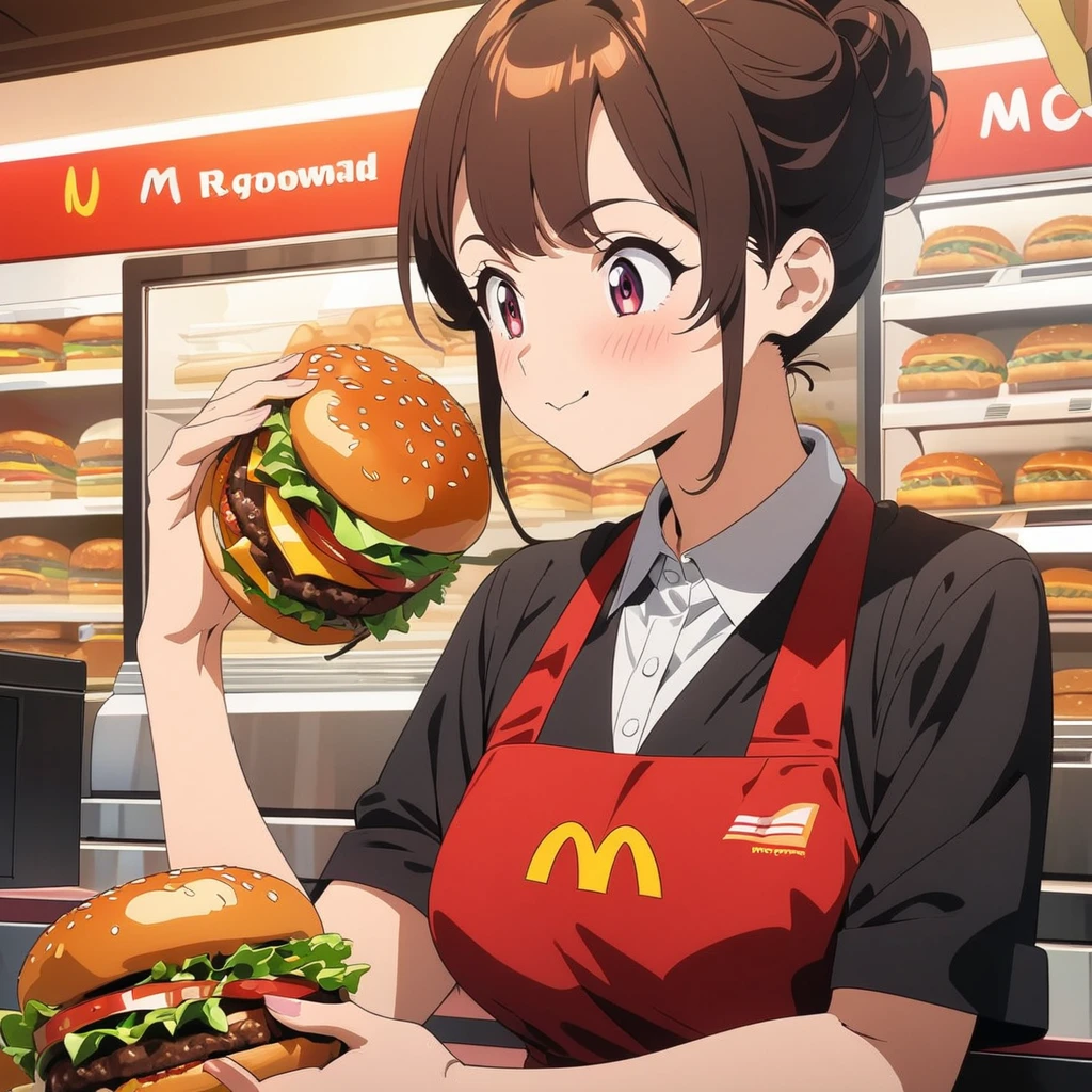 Masterpiece, ultra detailed, beautiful,Super Saturation, anime style,fast food worker, burger shop, McDonald's 