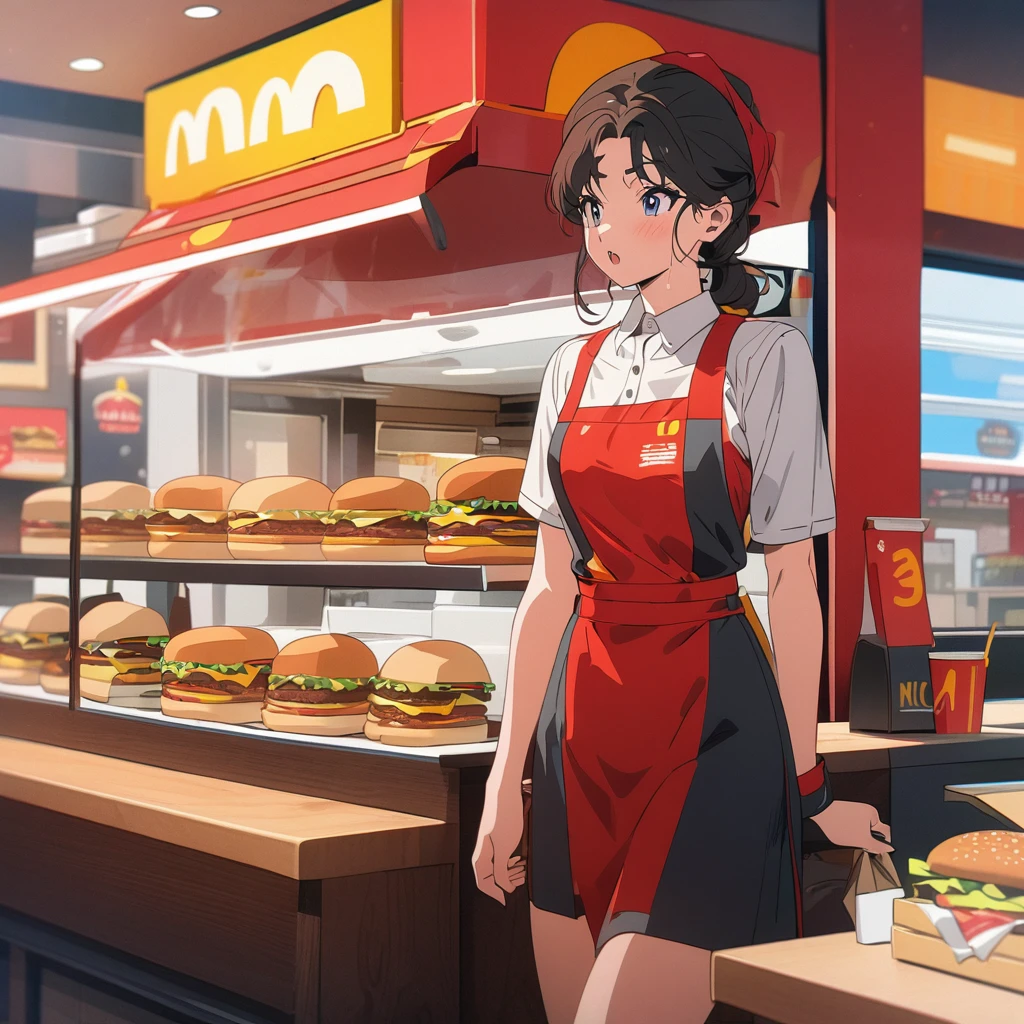 Masterpiece, ultra detailed, beautiful,Super Saturation, anime style,fast food worker, burger shop, McDonald's 