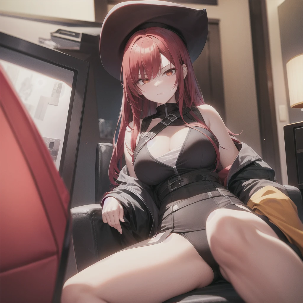 red hair, black jacket with red undertones, white dress, deep orange eyes, only one person, smug look, mature and older look