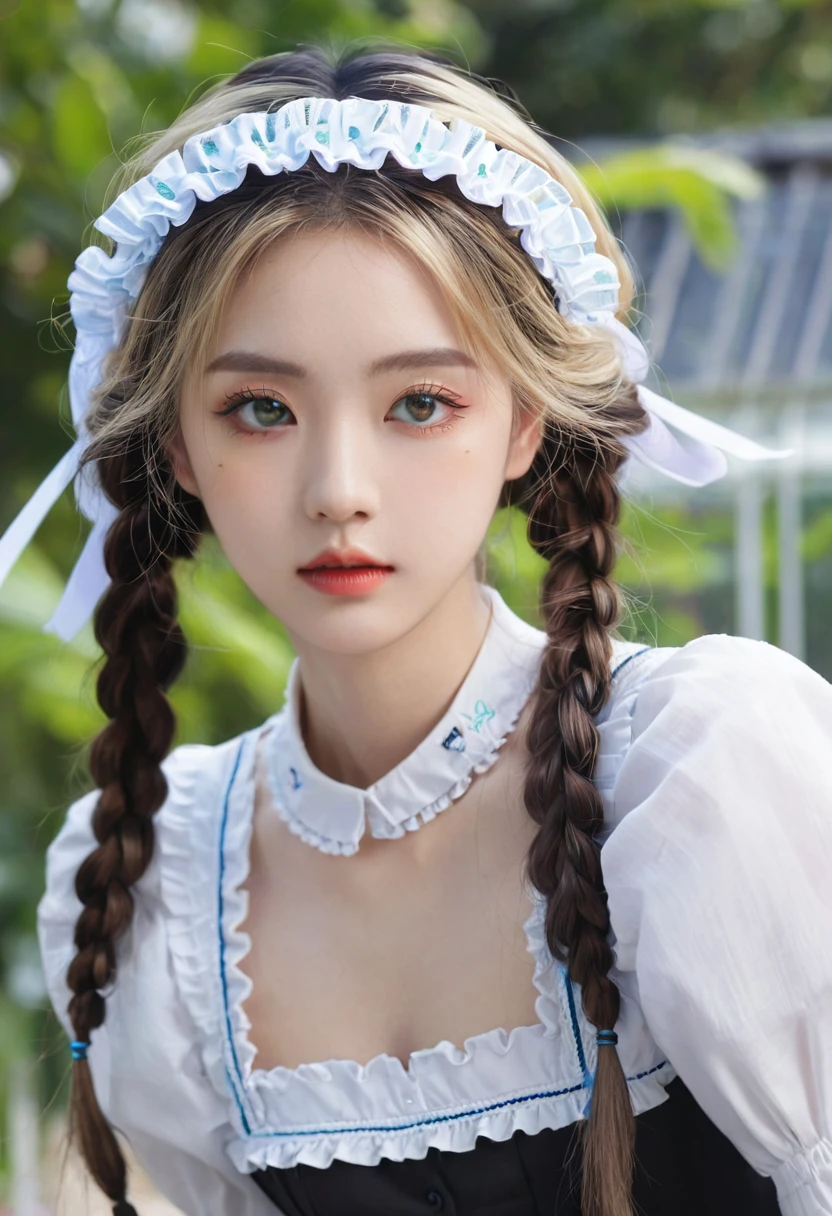 ((Flower Type)), (), (1 Girl), (((Solitary))), (Practical:1.5), Light Particles, Light, Victorian Era, (Best Illustration Award), photoPractical, Octane Rendering, 8K, Neon, Flying Cars, Delicate face, Delicate eyes, ((maid)), maid headband, Long braids, Very long hair, Blonde hair, blue eyes, (Sharp eyeliner, Eyeshadow, Delicate eyes:1.1), (ulzzang-6500), Model pose, (permanent), (outdoor), Noon time, Public area, indoors, (Green house in the background), Breaking down the G36  