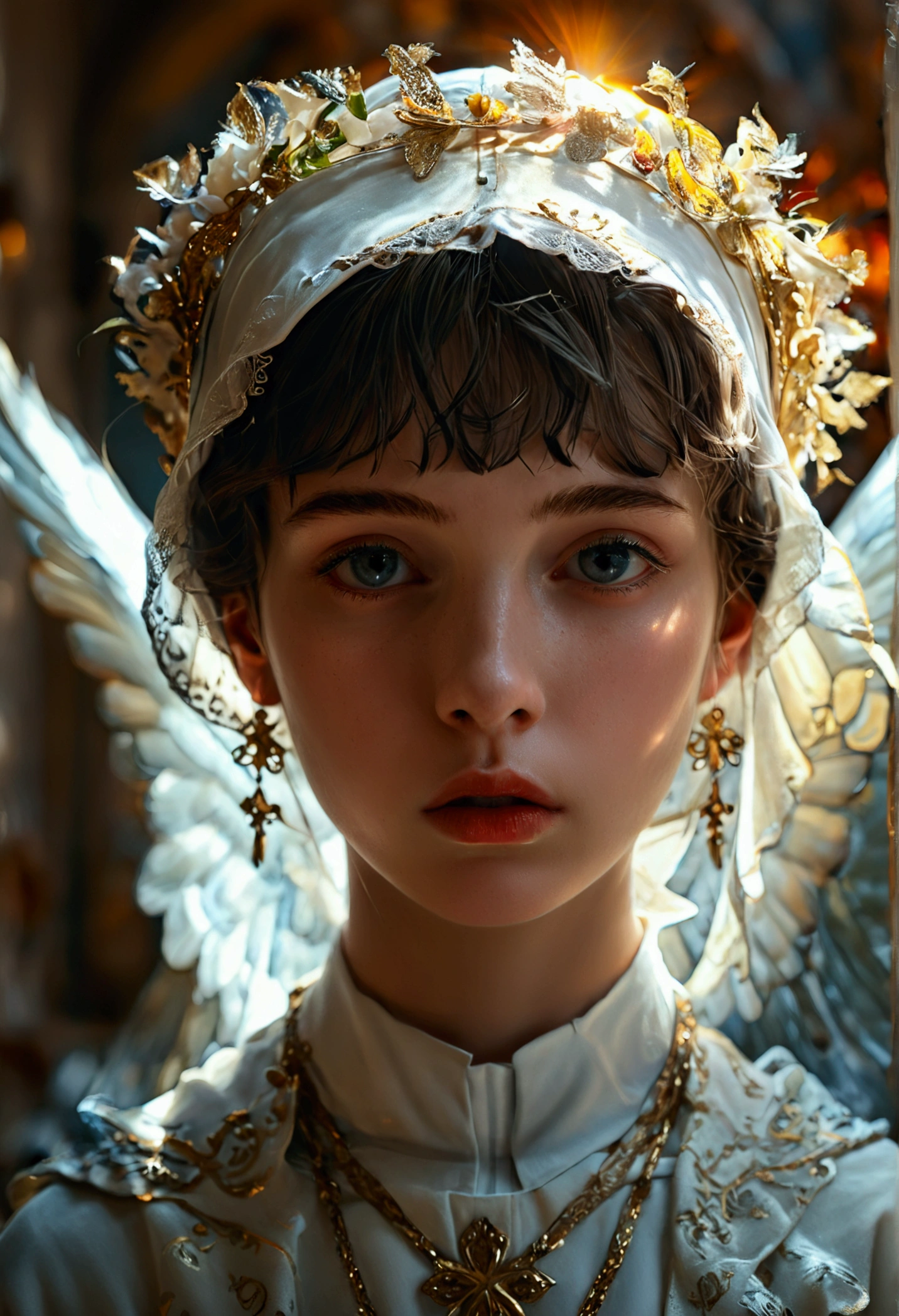 a young nun with short hair, angel wings on her head, praying, detailed portrait, beautiful detailed eyes, beautiful detailed lips, extremely detailed face, high quality, digital art, cinematic lighting, dramatic lighting, chiaroscuro, warm color tone, baroque art style