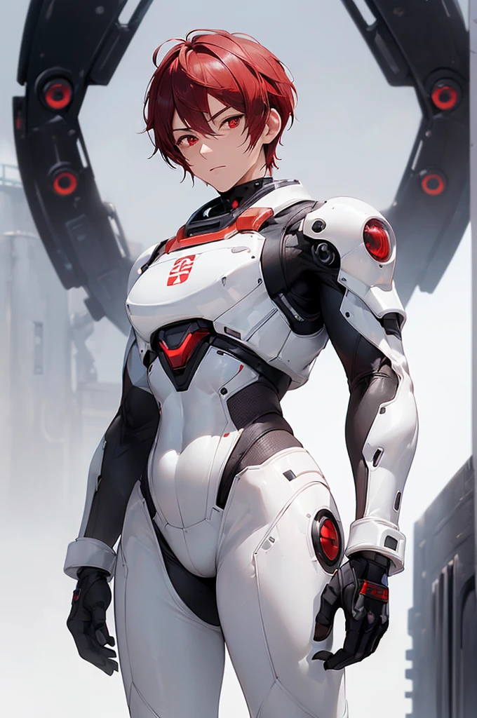 (((masterpiece; best quality: 1.2))), (finely detailed eyes: 1.3), (25 year old man), (solo), (red eyes: 1.4), (body; toned, fit, masculine: 1.3), (short white hair: 1.3), (beautiful and clear background: 1.2), ((depth of field)), (equipment: black-and-white mechpilot bodysuit + black gloves: 1.3), (anime illustration: 1.2), (background composition; hangar: 1.1), (extremely fine and handsome: 1.1), (shot composition; standing + centered on torso + close-up: 1.5), (expression; calm, stoic: 1.2)