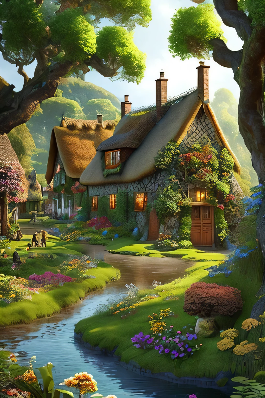 In an exquisite 8K resolution, this image brings to life the enchanting village of Ardenwood, nestled within a verdant, vibrant valley. Ancient oaks, boasting rich, textured bark and sprawling canopies of emerald leaves, stand tall like guardians over the landscape. Winding brooks meander through the village, their waters sparkling with clarity, adding a touch of life to the serene tableau. Charming thatched-roof houses adorned with colorful flower boxes dot the terrain, each displaying a unique charm that speaks of a bygone era. The cobblestone streets weave intricately, inviting exploration, while vill