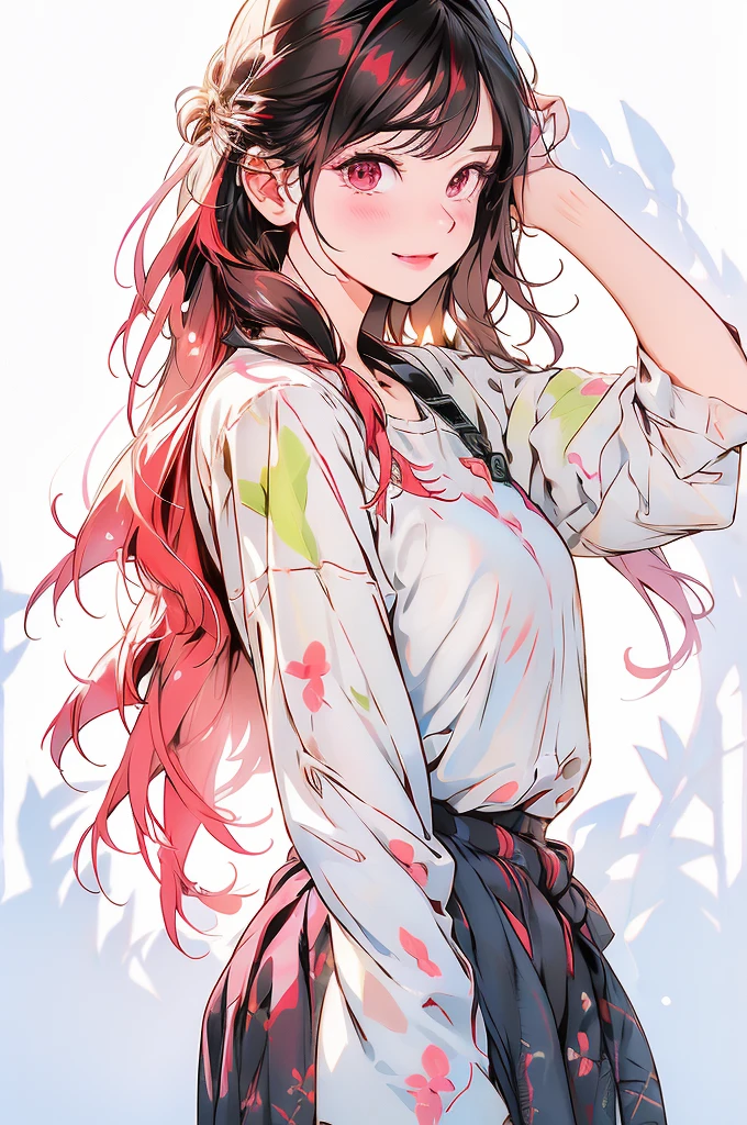 1girl, solo, long_hair, breasts, (looking_at_viewer), blush, smile, simple_background, shirt, pink_hair, white_background, red_eyes