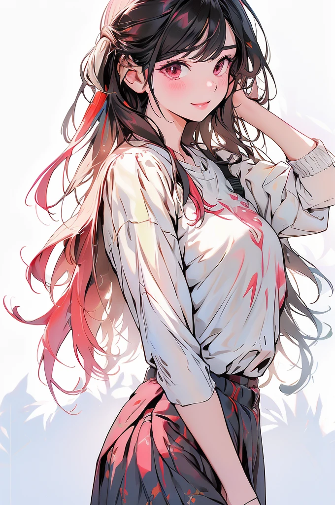 1girl, solo, long_hair, breasts, (looking_at_viewer), blush, smile, simple_background, shirt, pink_hair, white_background, red_eyes