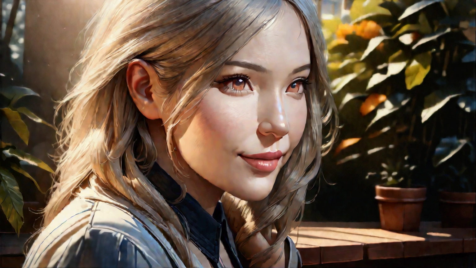 a girl with short white hair, beautiful detailed blue eyes, beautiful detailed lips, smiling, (best quality,4k,8k,highres,masterpiece:1.2),ultra-detailed,(realistic,photorealistic,photo-realistic:1.37),cinematic lighting,soft warm colors,detailed facial features,intricate details,elegant,graceful,serene expression,beautiful garden background,lush foliage,vibrant flowers