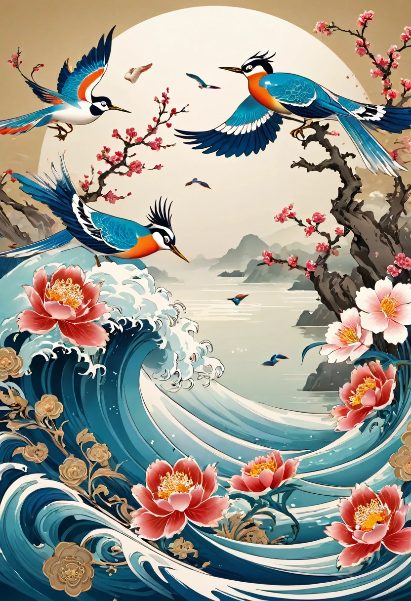National tide, birds and flowers, Wrap, hyper HD, filigree, Chinese elements, illustration