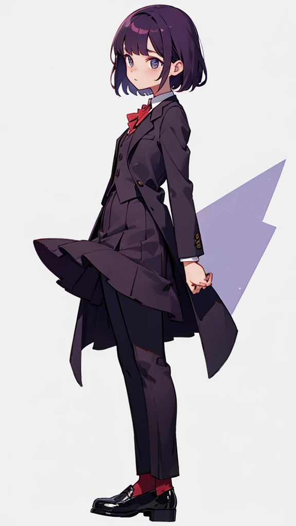 1.Cross-dressing girl,suit,all back,Dark purple hair,Leather shoes,whole body,White background,濃い紫のsuit,Photographer,Smaller height